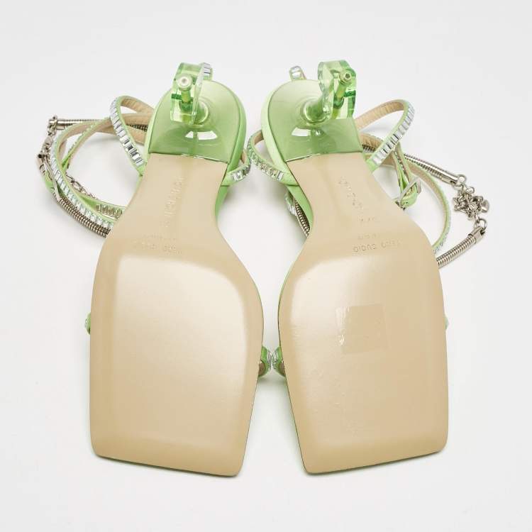 Pre Owned Mach & Mach Green Satin Crystal Embellished Ankle Strap Sandals Size 37.5