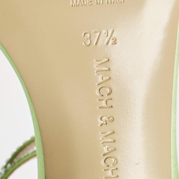 Pre Owned Mach & Mach Green Satin Crystal Embellished Ankle Strap Sandals Size 37.5