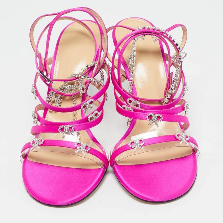 Pre Owned Mach & Mach Pink Satin Crystal Bow Camille Sandals Size 38.5