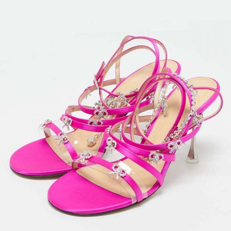 Pre Owned Mach & Mach Pink Satin Crystal Bow Camille Sandals Size 38.5