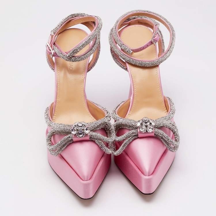 Pre Owned Mach & Mach Pink Satin Crystal Embellished Double Bow Platform Pumps Size 38.5