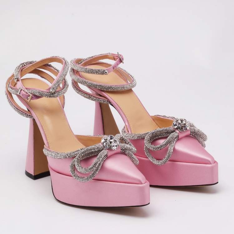 Pre Owned Mach & Mach Pink Satin Crystal Embellished Double Bow Platform Pumps Size 38.5