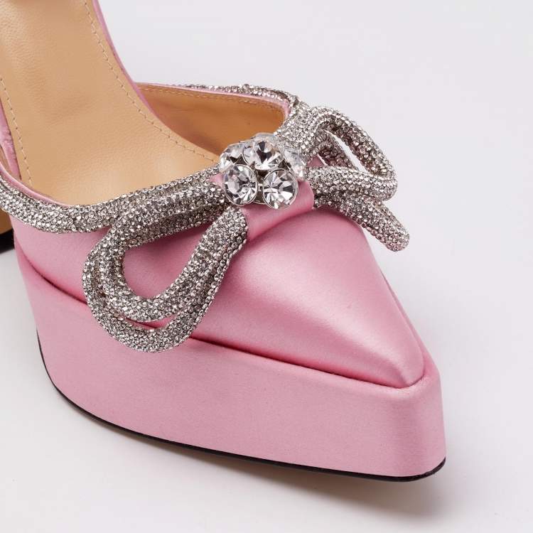 Pre Owned Mach & Mach Pink Satin Crystal Embellished Double Bow Platform Pumps Size 38.5