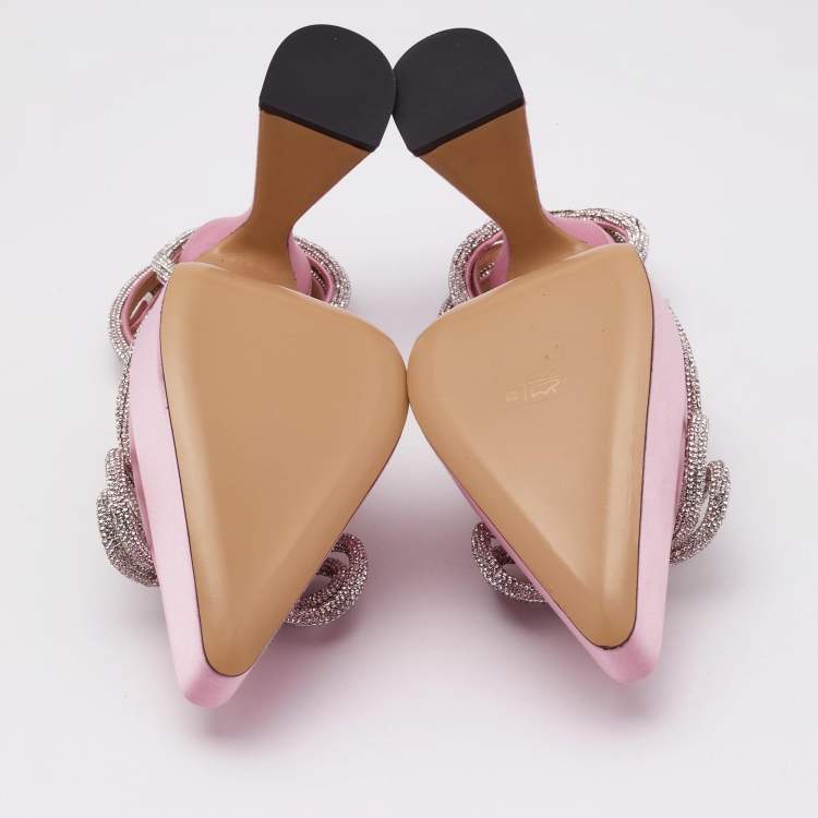 Pre Owned Mach & Mach Pink Satin Crystal Embellished Double Bow Platform Pumps Size 38.5