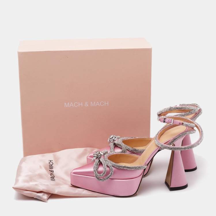 Pre Owned Mach & Mach Pink Satin Crystal Embellished Double Bow Platform Pumps Size 38.5
