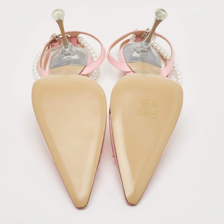 Pre Owned Mach & Mach Pink PVC Crystal Embellished Matilda Ankle Strap Pumps Size 39.5