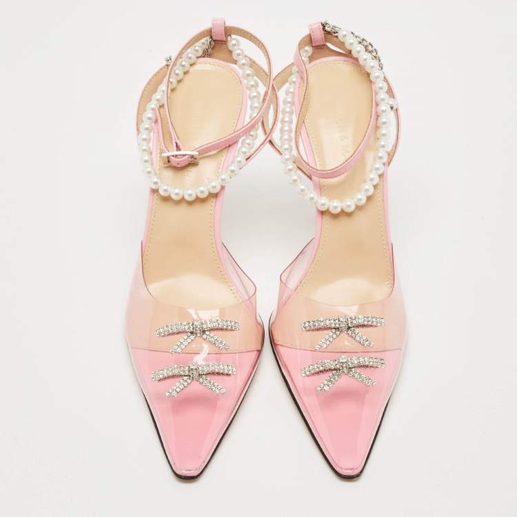 Pre Owned Mach & Mach Pink PVC Crystal Embellished Matilda Ankle Strap Pumps Size 39.5