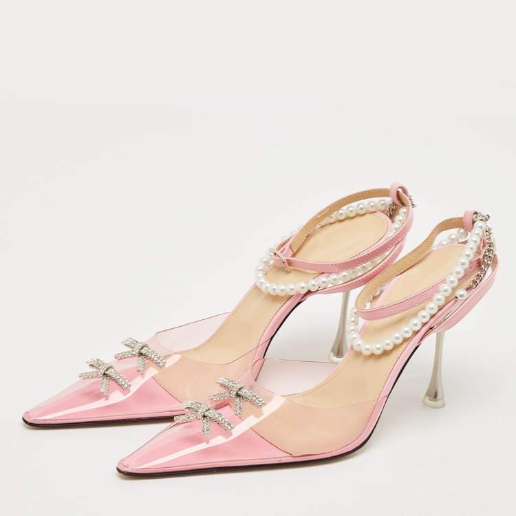 Pre Owned Mach & Mach Pink PVC Crystal Embellished Matilda Ankle Strap Pumps Size 39.5
