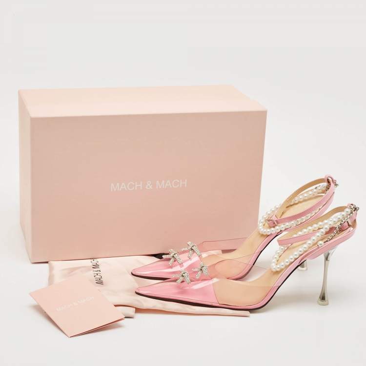 Pre Owned Mach & Mach Pink PVC Crystal Embellished Matilda Ankle Strap Pumps Size 39.5