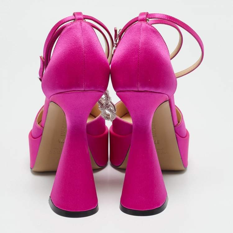 Pre Owned Mach & Mach Pink Satin Crystals Bow Chain Pumps Size 37.5