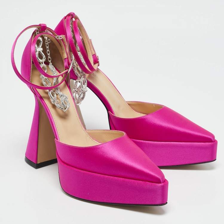 Pre Owned Mach & Mach Pink Satin Crystals Bow Chain Pumps Size 37.5
