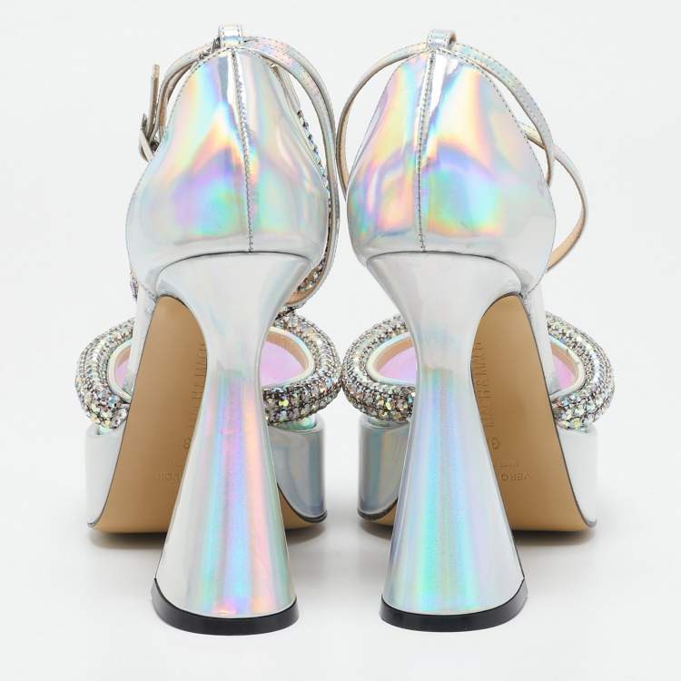 Pre Owned Mach & Mach Silver Iridescent PVC Crystal Embellished Kimberly Platform Pumps Size 38