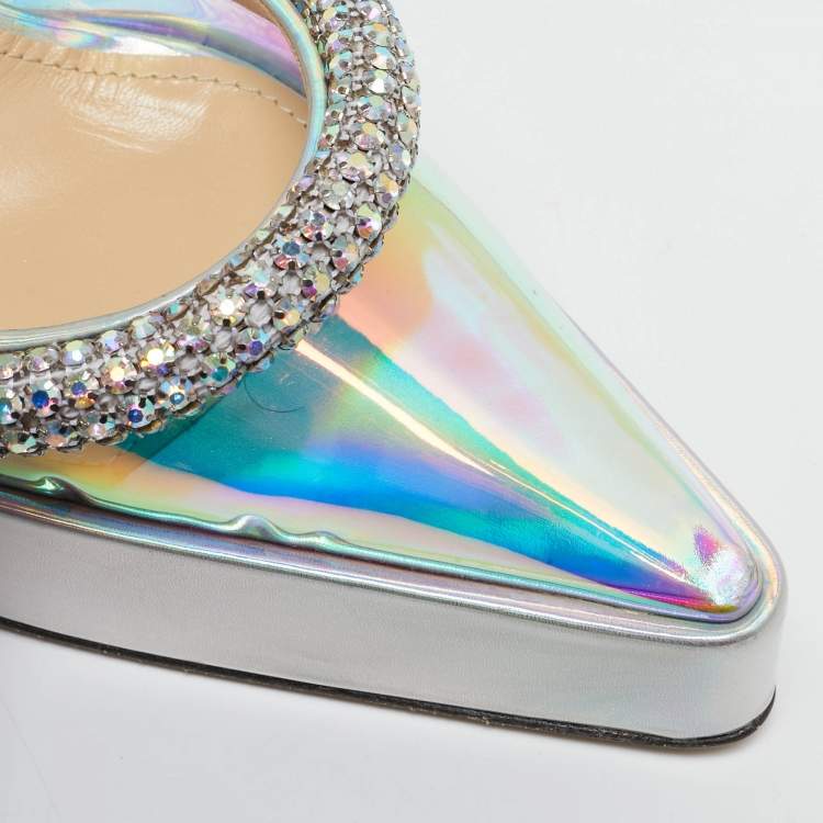 Pre Owned Mach & Mach Silver Iridescent PVC Crystal Embellished Kimberly Platform Pumps Size 38