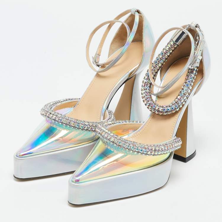 Pre Owned Mach & Mach Silver Iridescent PVC Crystal Embellished Kimberly Platform Pumps Size 38