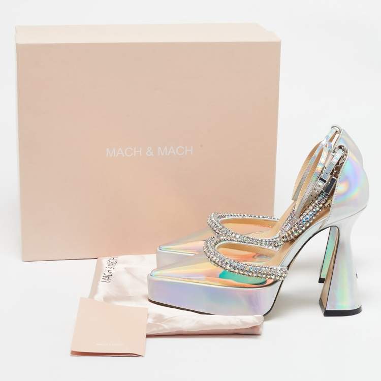 Pre Owned Mach & Mach Silver Iridescent PVC Crystal Embellished Kimberly Platform Pumps Size 38