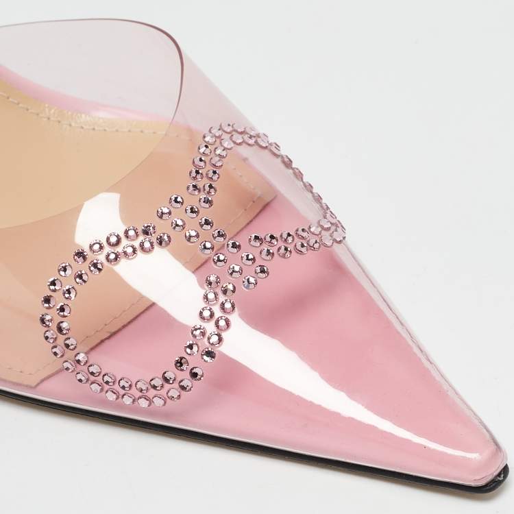 Pre Owned Mach & Mach Pink Leather and PVC Crystal Embellished Bow Ankle Wrap Sandals Size 40.5