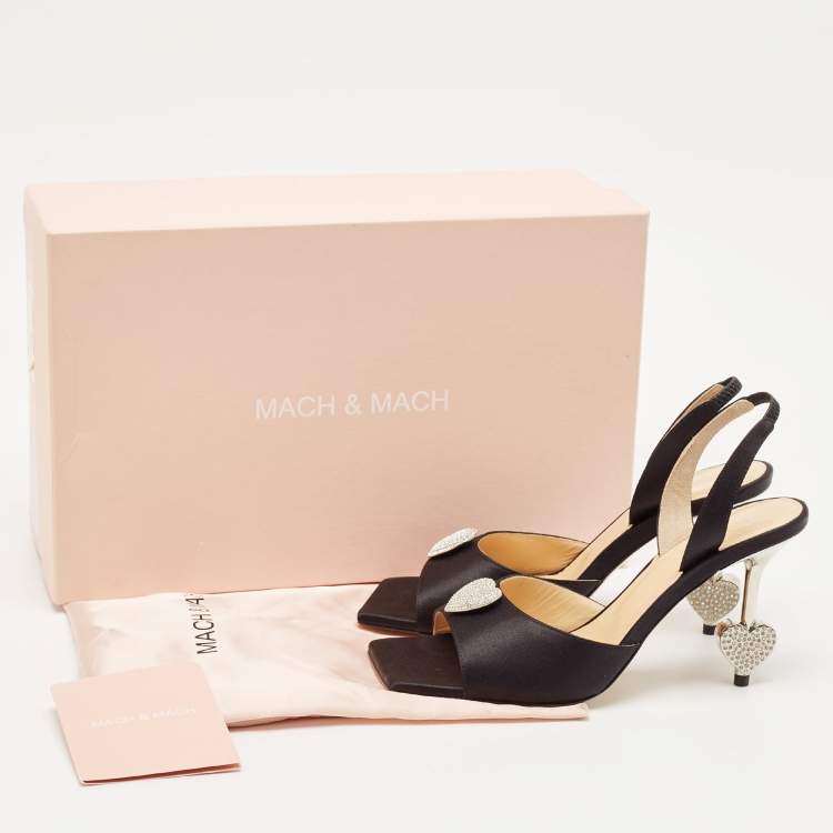 Pre Owned Mach & Mach Black Satin Crystal Heart Slingback Sandals Size 37.5