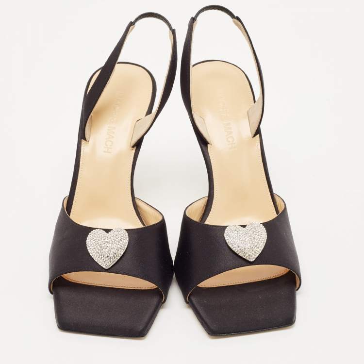 Pre Owned Mach & Mach Black Satin Crystal Heart Slingback Sandals Size 37.5