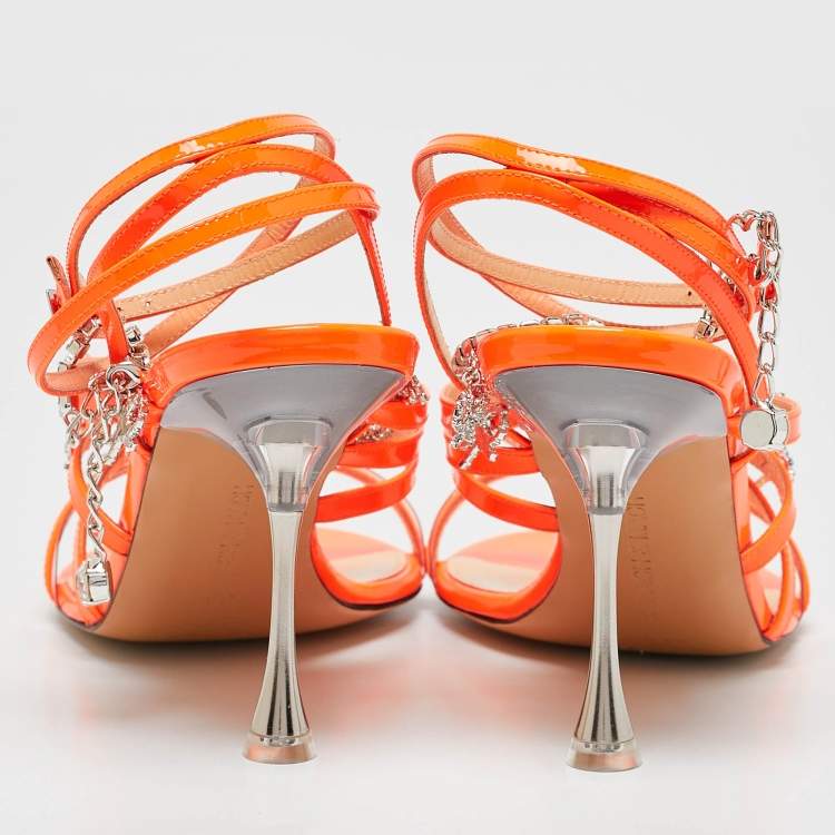 Pre Owned Mach & Mach Neon Orange Patent Leather Crystal Bow Camille Sandals Size 38