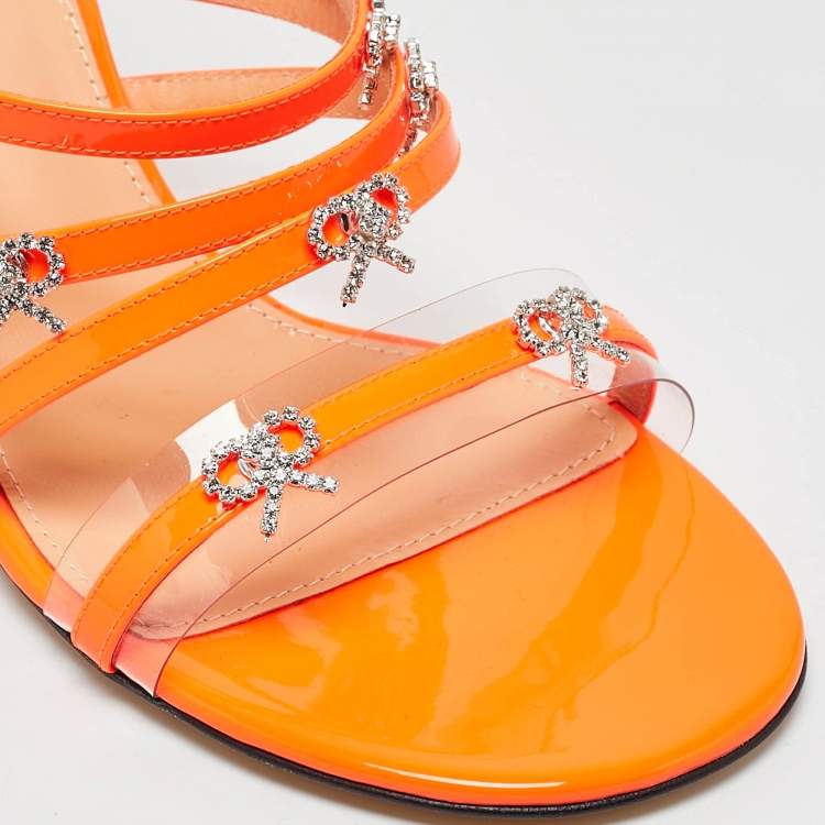 Pre Owned Mach & Mach Neon Orange Patent Leather Crystal Bow Camille Sandals Size 38
