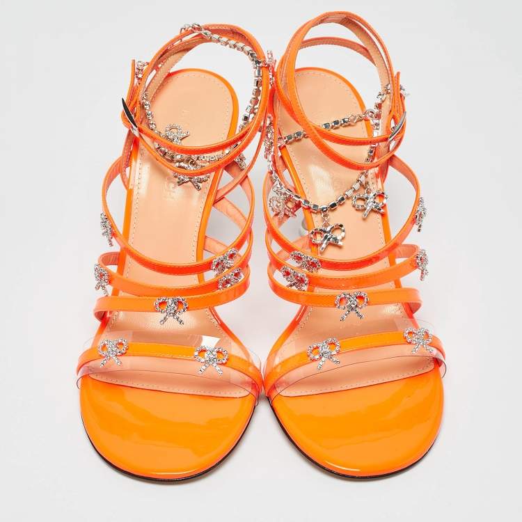 Pre Owned Mach & Mach Neon Orange Patent Leather Crystal Bow Camille Sandals Size 38