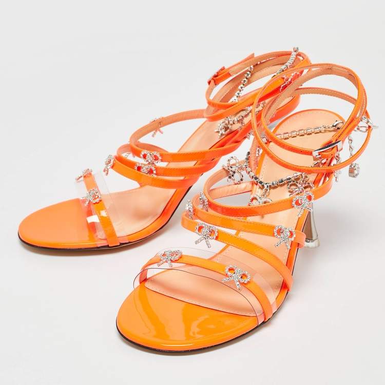 Pre Owned Mach & Mach Neon Orange Patent Leather Crystal Bow Camille Sandals Size 38