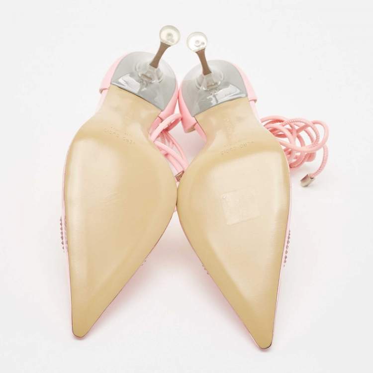 Pre Owned Mach & Mach Pink Leather and PVC Crystal Embellished Bow Ankle Wrap Sandals Size 40