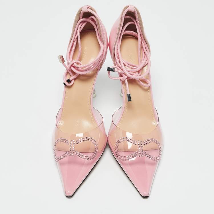 Pre Owned Mach & Mach Pink Leather and PVC Crystal Embellished Bow Ankle Wrap Sandals Size 40