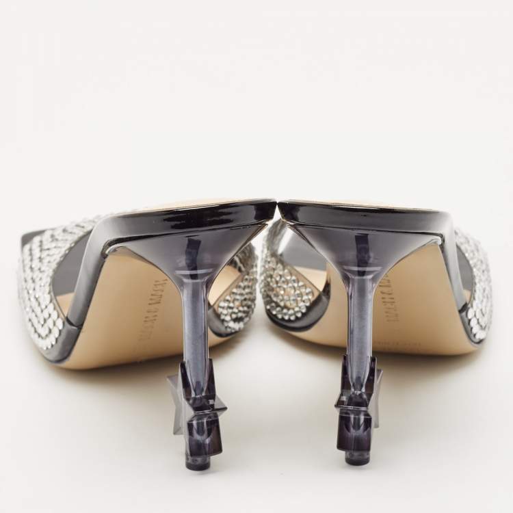 Pre Owned Mach & Mach Black PVC Crystal Embellished Star Slide Sandals Size 38