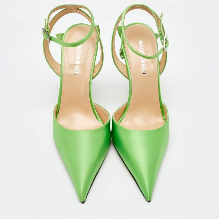 Pre Owned Mach & Mach Green Satin Wonder Tulip Pointed Toe Ankle Strap Sandals Size 37