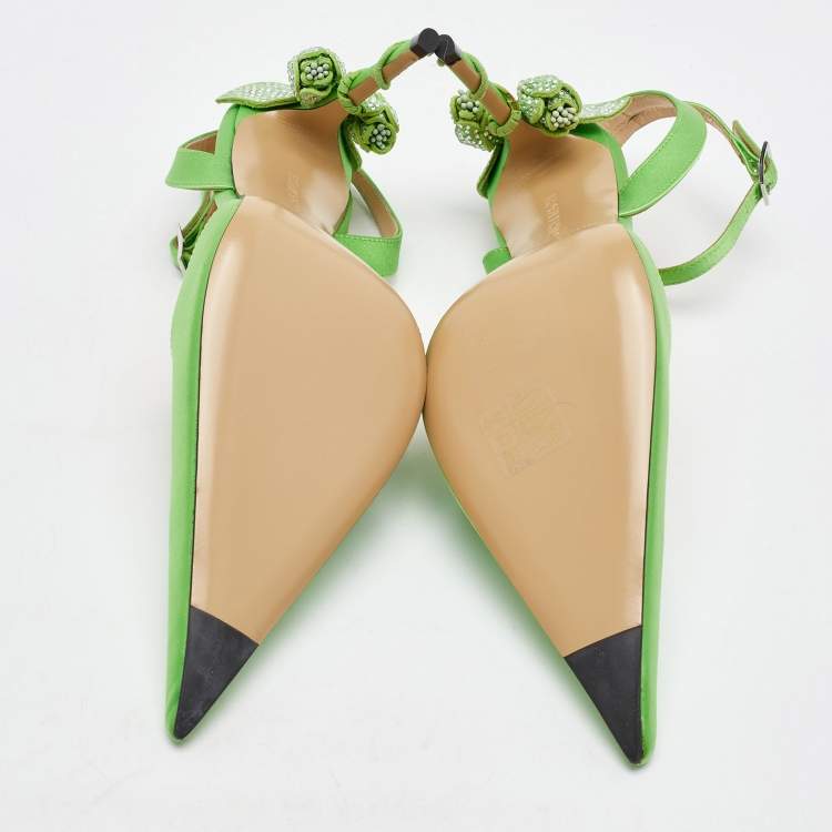 Pre Owned Mach & Mach Green Satin Wonder Tulip Pointed Toe Ankle Strap Sandals Size 37