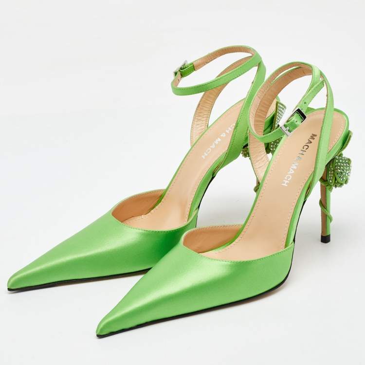 Pre Owned Mach & Mach Green Satin Wonder Tulip Pointed Toe Ankle Strap Sandals Size 37
