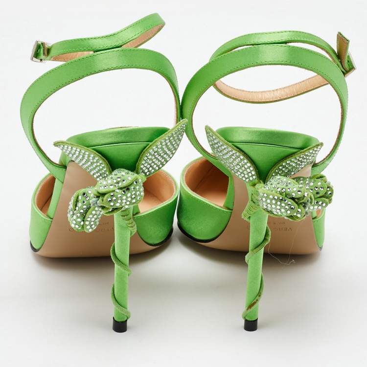 Pre Owned Mach & Mach Green Satin Wonder Tulip Pointed Toe Ankle Strap Sandals Size 39