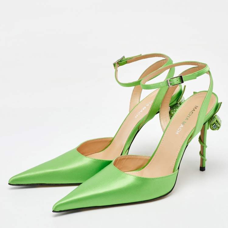Pre Owned Mach & Mach Green Satin Wonder Tulip Pointed Toe Ankle Strap Sandals Size 39