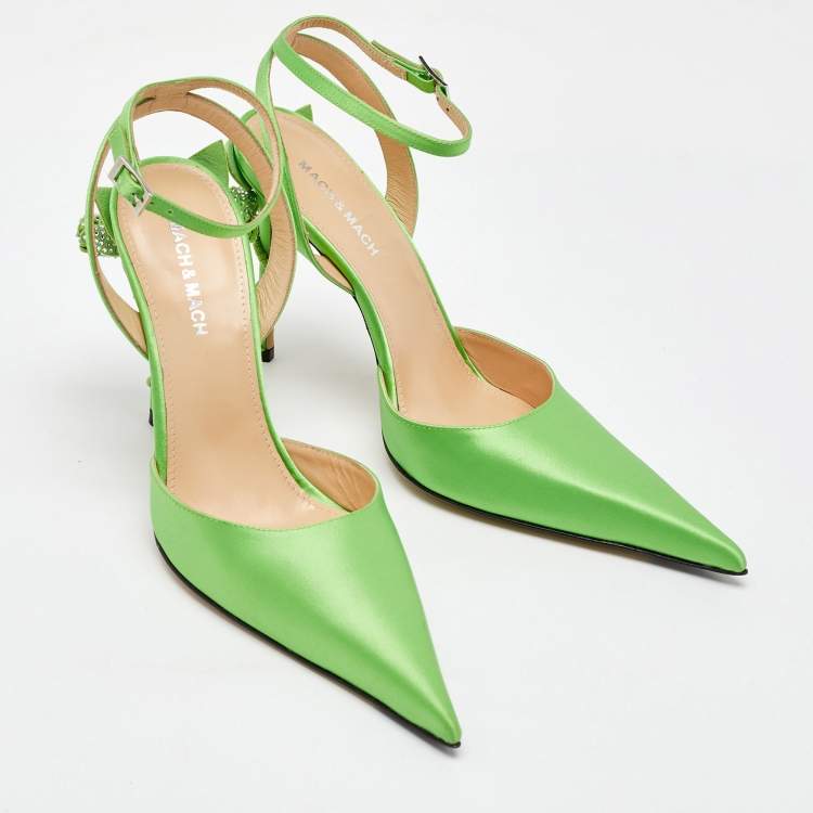 Pre Owned Mach & Mach Green Satin Wonder Tulip Pointed Toe Ankle Strap Sandals Size 39