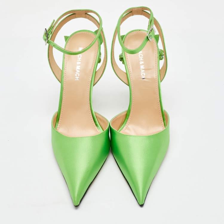 Pre Owned Mach & Mach Green Satin Wonder Tulip Pointed Toe Ankle Strap Sandals Size 39