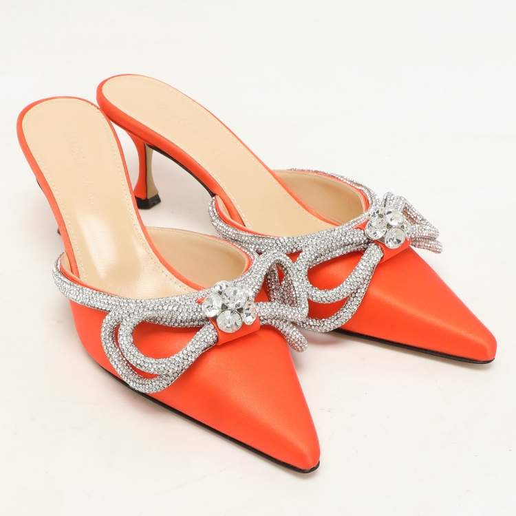 Pre Owned Mach & Mach Orange Satin Crystal Embellished Double Bow Mules Size 37