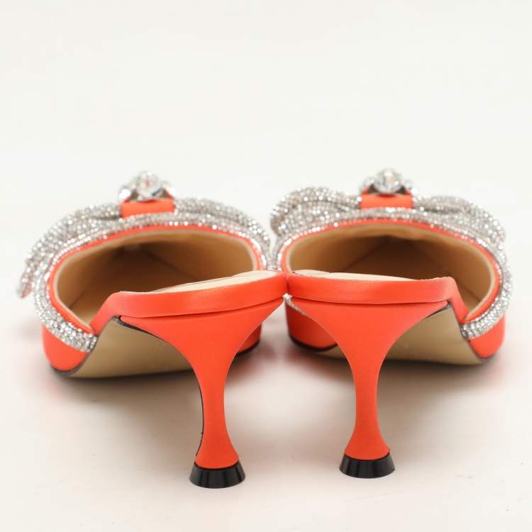 Pre Owned Mach & Mach Orange Satin Crystal Embellished Double Bow Mules Size 37