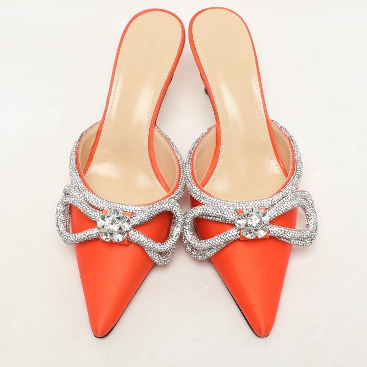 Pre Owned Mach & Mach Orange Satin Crystal Embellished Double Bow Mules Size 37