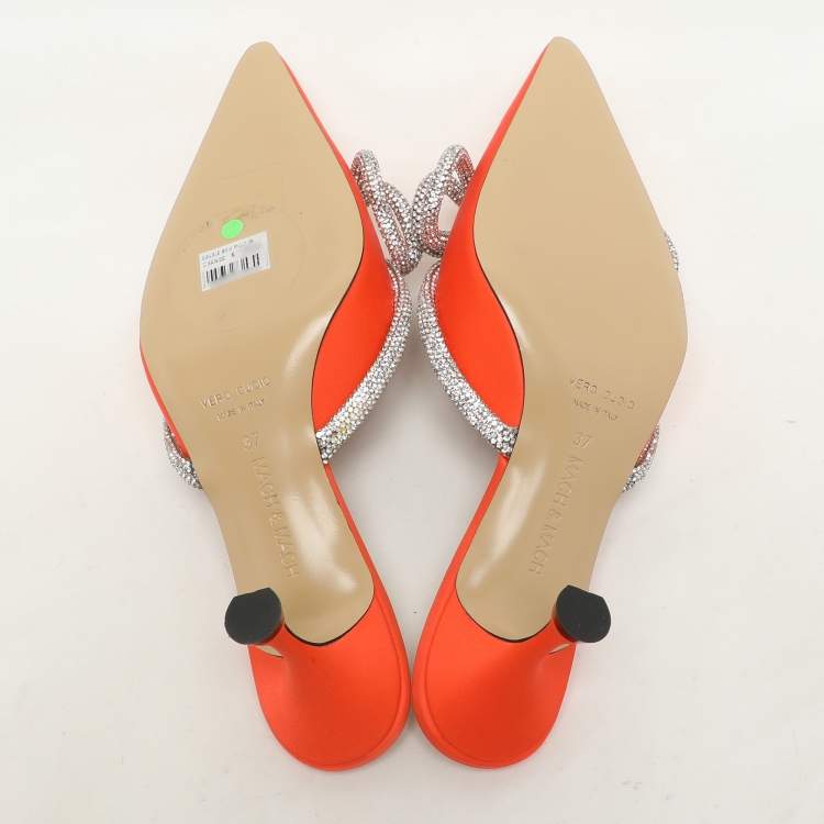 Pre Owned Mach & Mach Orange Satin Crystal Embellished Double Bow Mules Size 37