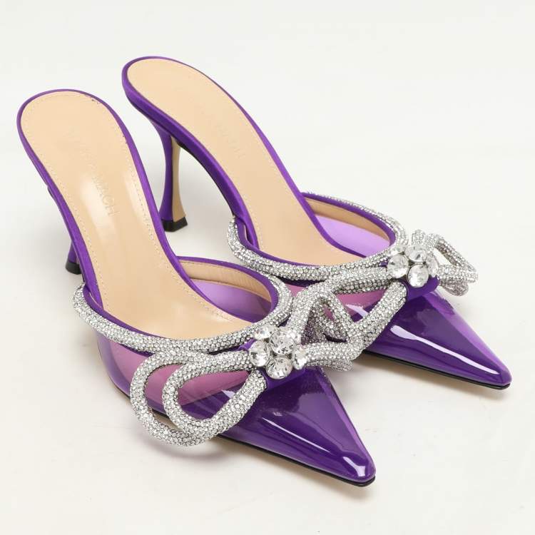 Pre Owned Mach & Mach Purple Satin Crystal Embellished Double Bow Mules Size 37,5