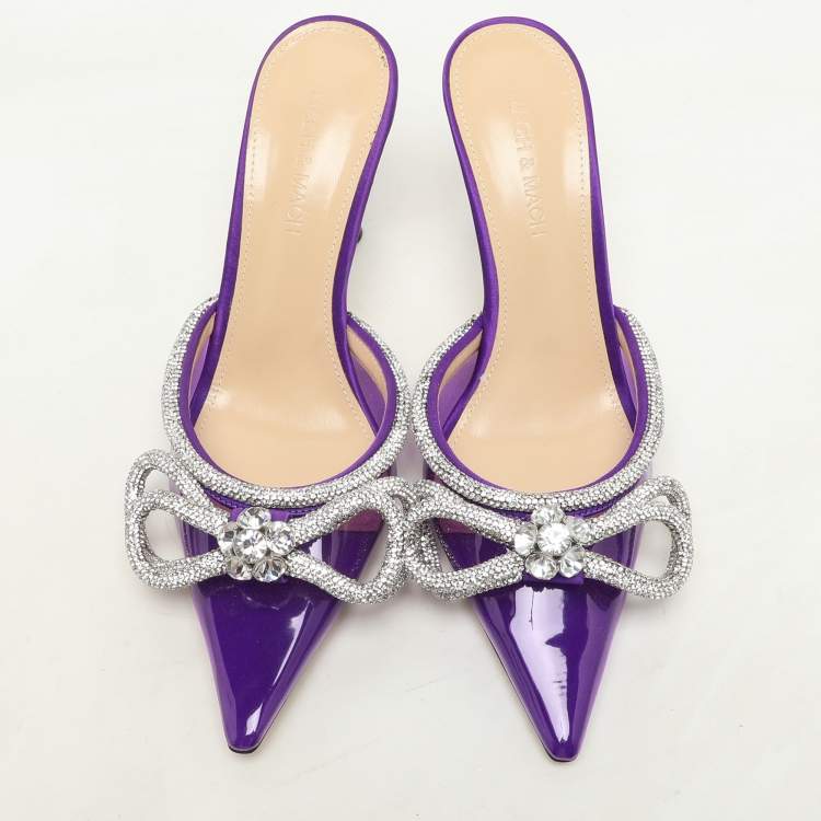Pre Owned Mach & Mach Purple Satin Crystal Embellished Double Bow Mules Size 37,5