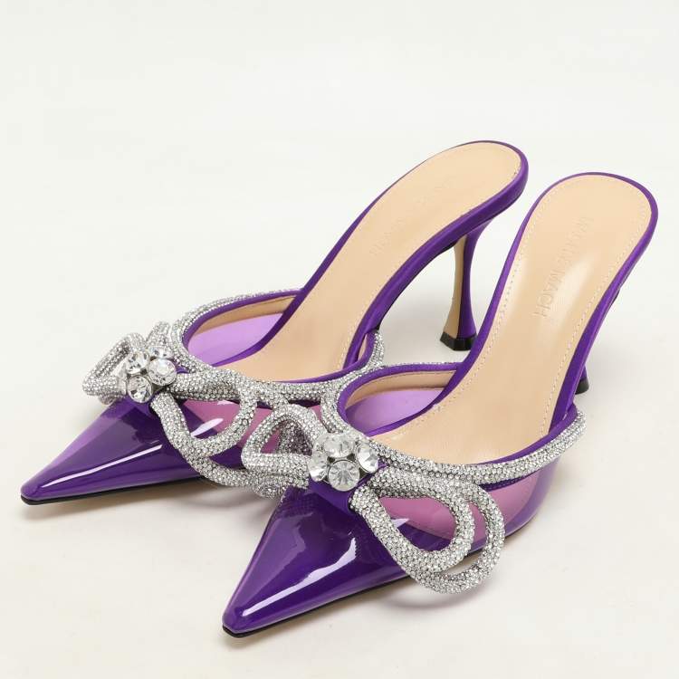 Pre Owned Mach & Mach Purple Satin Crystal Embellished Double Bow Mules Size 37,5