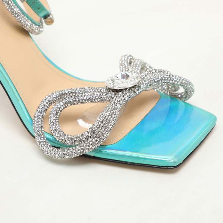 Pre Owned Mach & Mach Multicolor Iridescent Leather and PVC Crystal Embellished Bow Ankle Wrap Sandals Size 37 