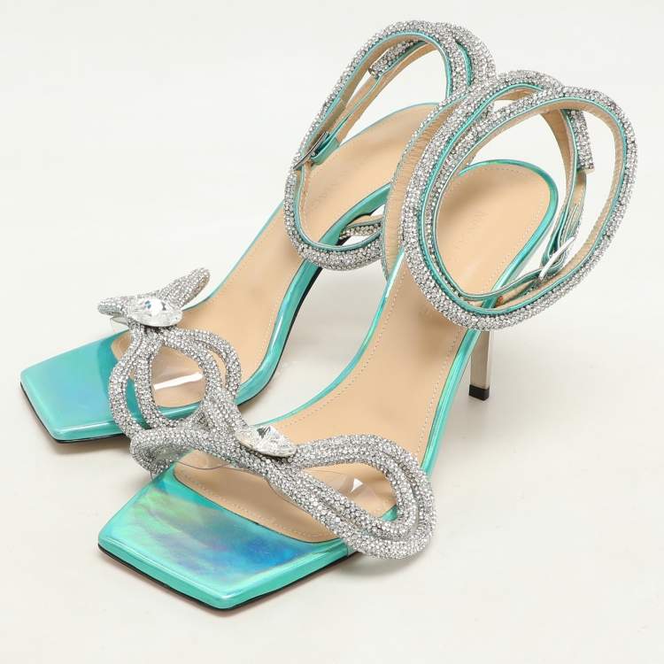 Pre Owned Mach & Mach Multicolor Iridescent Leather and PVC Crystal Embellished Bow Ankle Wrap Sandals Size 37 