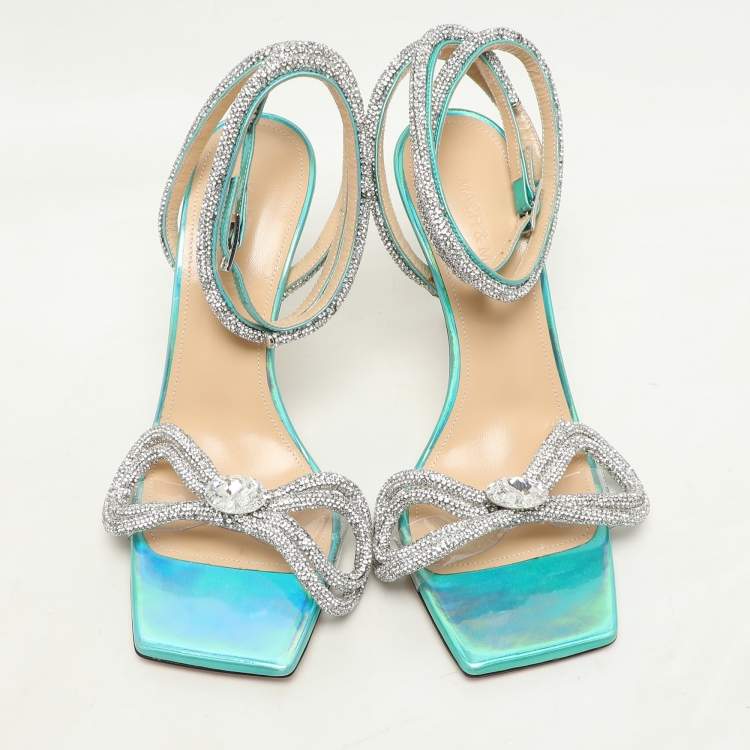 Pre Owned Mach & Mach Multicolor Iridescent Leather and PVC Crystal Embellished Bow Ankle Wrap Sandals Size 37 
