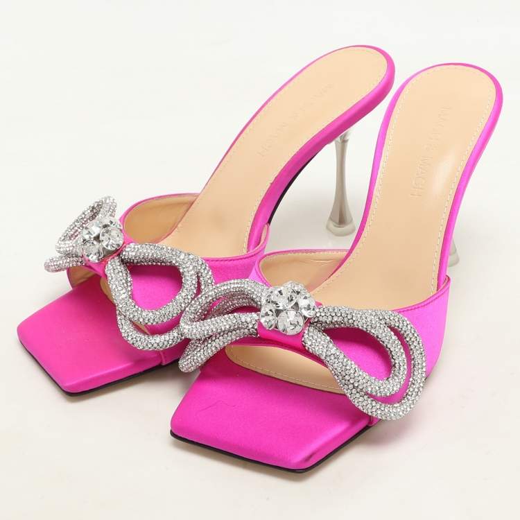 Pre Owned Mach & Mach Pink Satin Crystal Embellished Double Bow Slide Sandals Size 37