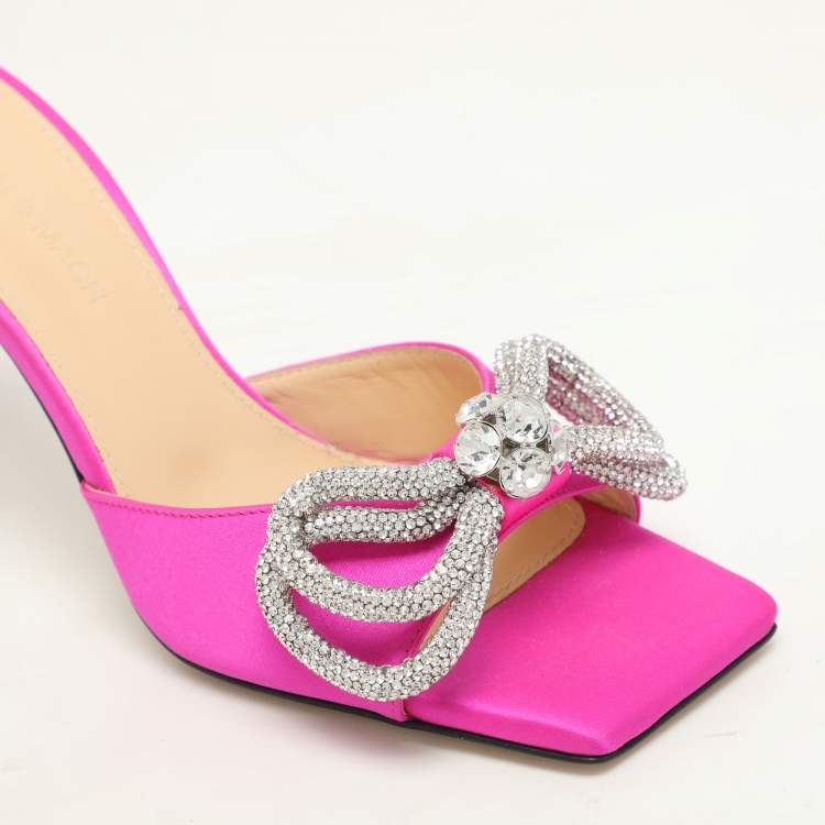 Pre Owned Mach & Mach Pink Satin Crystal Embellished Double Bow Slide Sandals Size 37