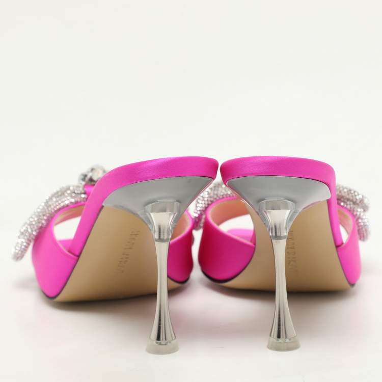 Pre Owned Mach & Mach Pink Satin Crystal Embellished Double Bow Slide Sandals Size 37