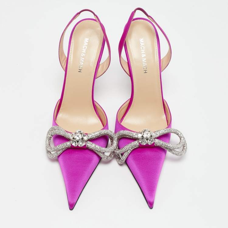 Pre Owned Mach & Mach Fuchsia Pink Satin Embellished Double Bow Slingback Pumps Size 37.5